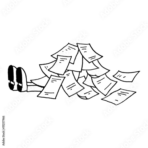Man overwhelmed with paper mountain. Stress, overload, document. Drawing by hand