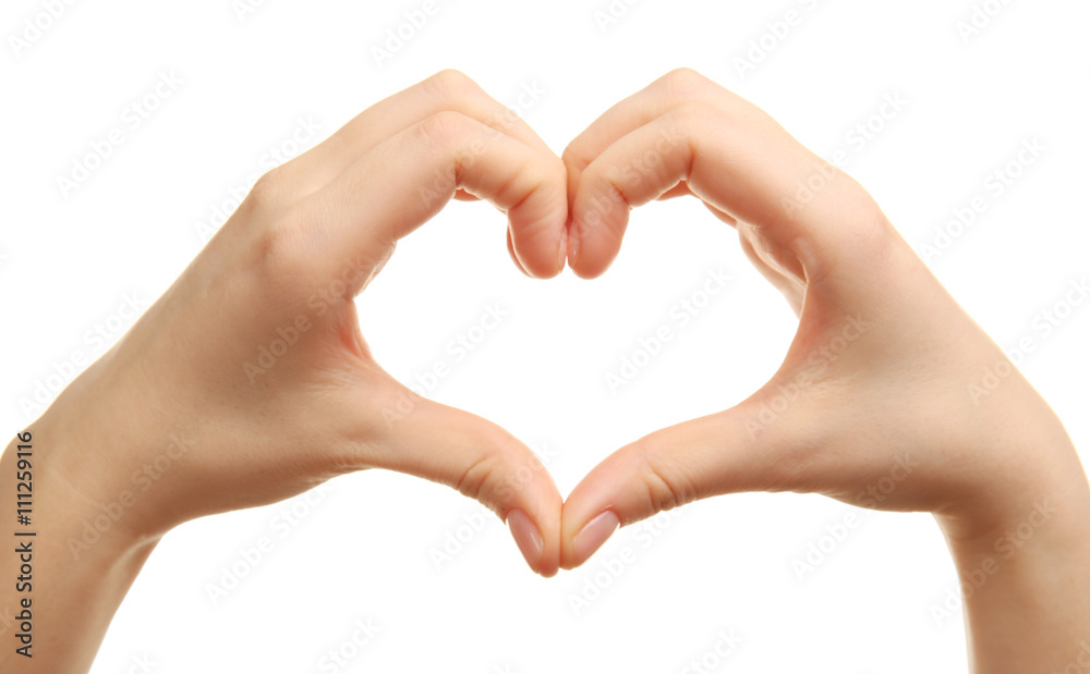 Female hands in heart shape on white background Female hands in heart shape on white background