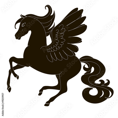 Pegasus, horse with wings in motion a fine silhouette - black over white, vector icon illustration