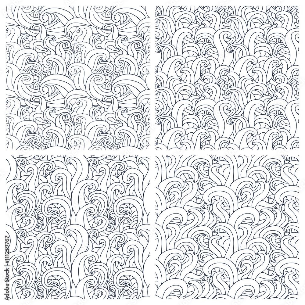 Set of four seamless pattern with abstract doodle waves.