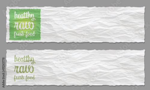 Set of two banners with crumpled paper and healthy food icon