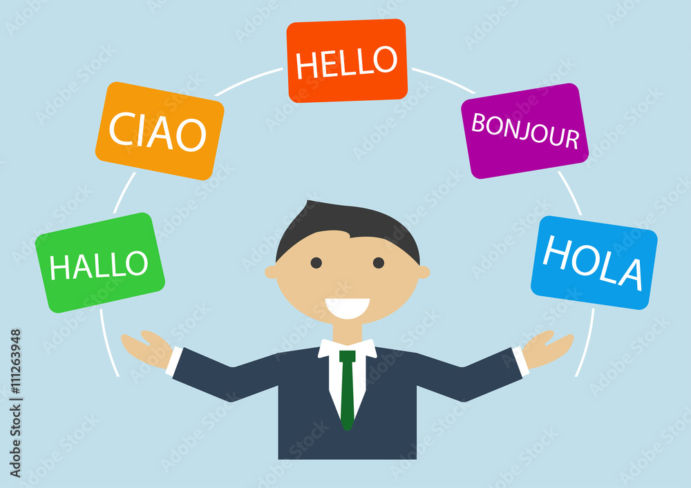 Concept of multi-lingual business man speaking many different languages Concept of multi-lingual business man speaking many different languages