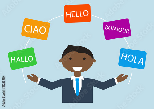 Concept of multi-lingual business man speaking many different languages