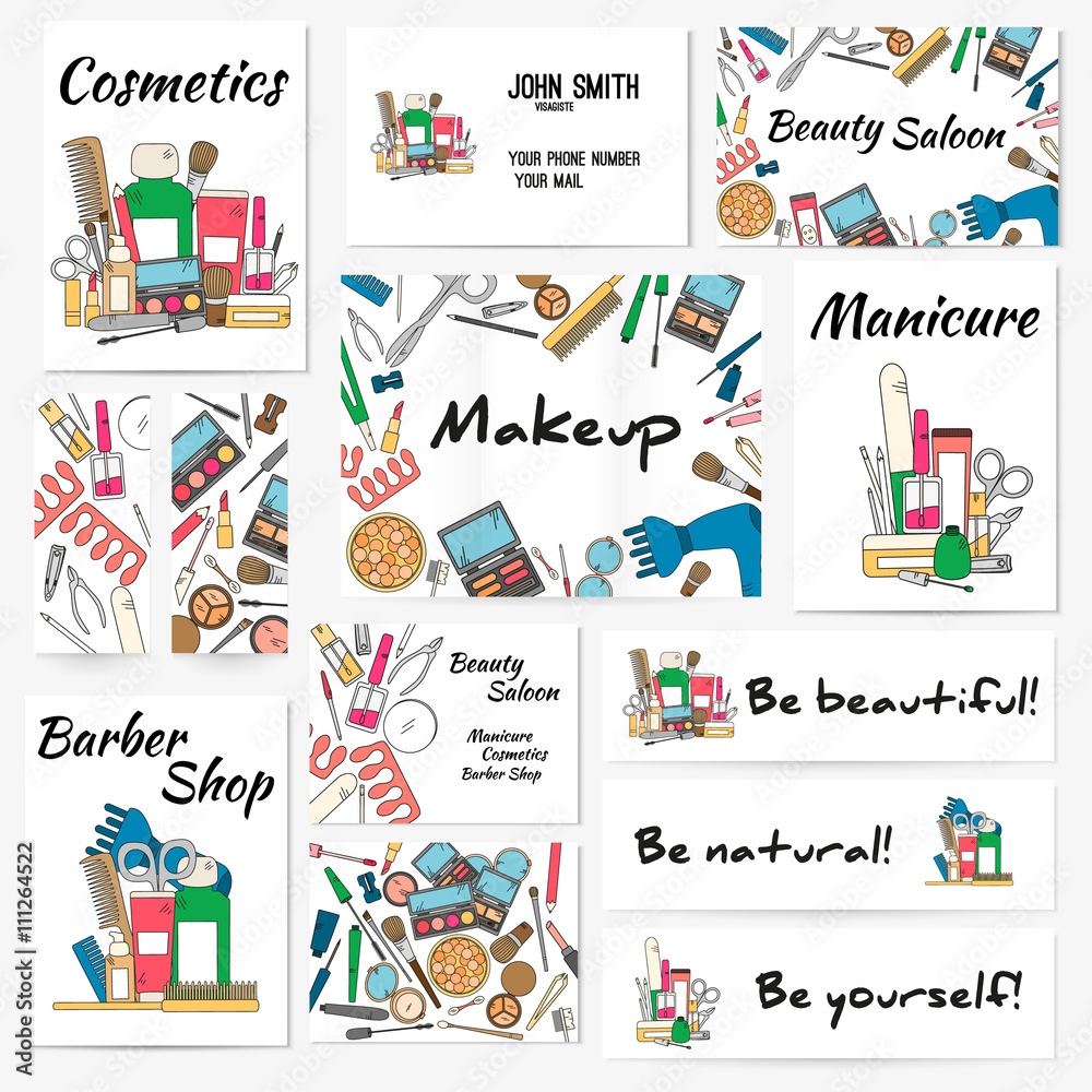 Set of banners, posters and business card with make up artist objects - lipstick, cream, brush. Set of banners, posters and business card with make up artist objects - lipstick, cream, brush.