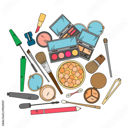 Cosmetics and fashion background with make up artist objects.