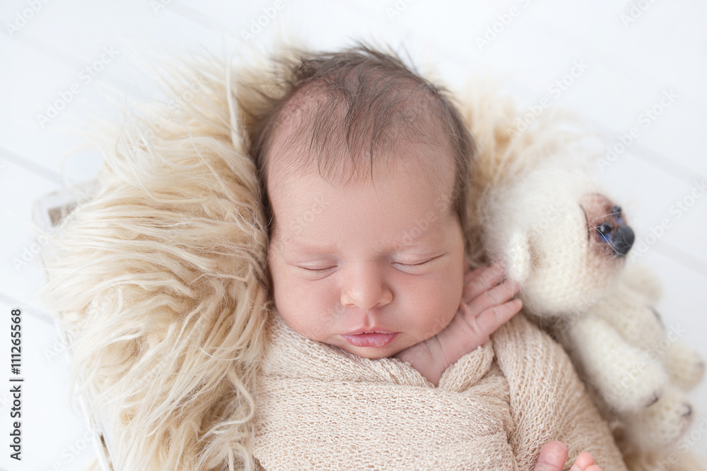 Fototapeta premium sleeping newborn baby in a basket with a toy