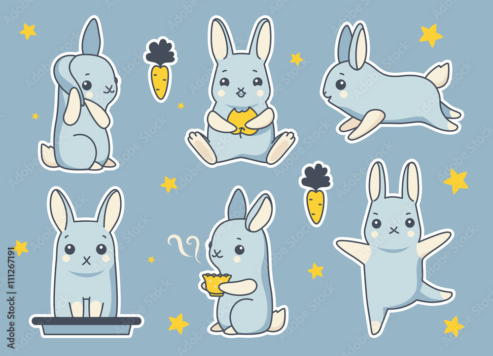 Set of cute bunny in different poses. Funny doodle rabbits vector illustration in retro vintage colors.