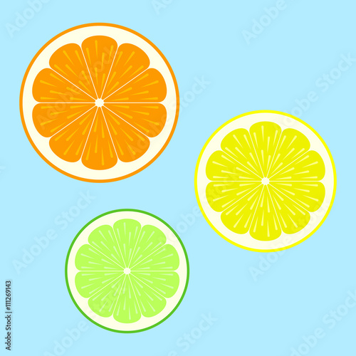 Flat orange lemon and lime slices on blue background