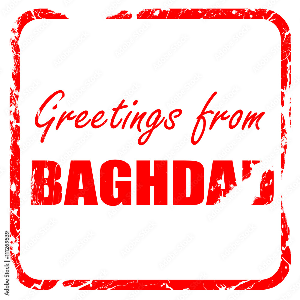Greetings from baghdad, red rubber stamp with grunge edges