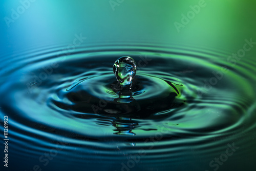 Water drop on blue green background