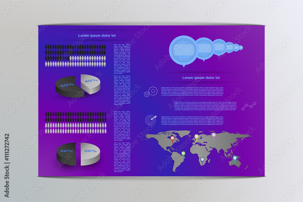 Colorful male and female infographics. Infographic with 3D round chart (pie chart) and world map with pointers. 