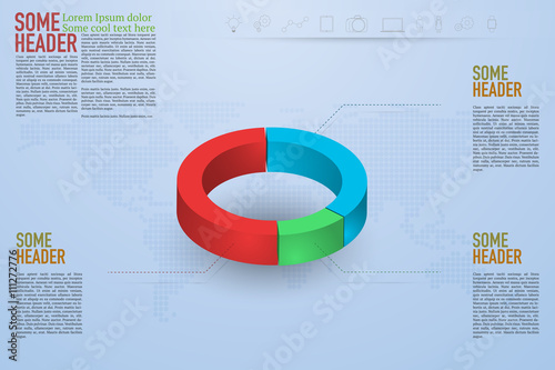 Modern 3D pie chart infographics on blue gradient background with dotted world map and outline icons. Infographics with rounded chart in modern design. Infographic template.