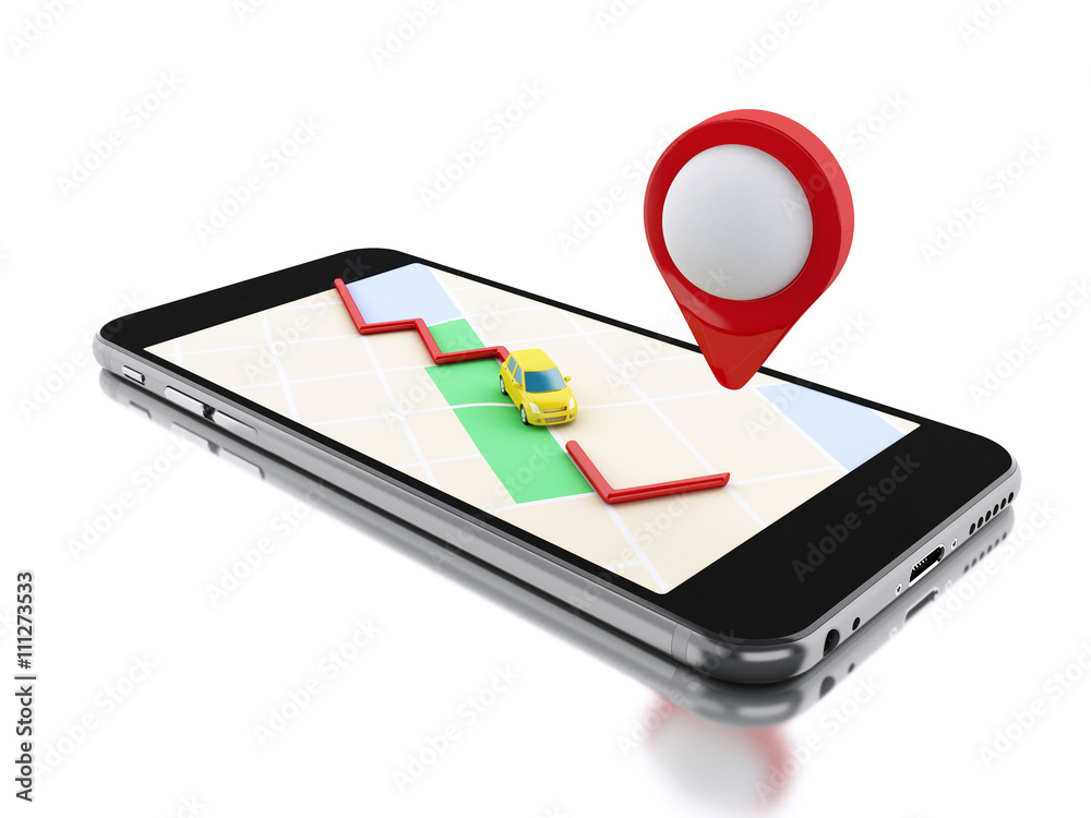 3d Smartphone with a map and red pointer. 3d Smartphone with a map and red pointer.