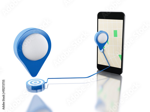 3d Smartphone with a map, blue pointer and planned route on scre