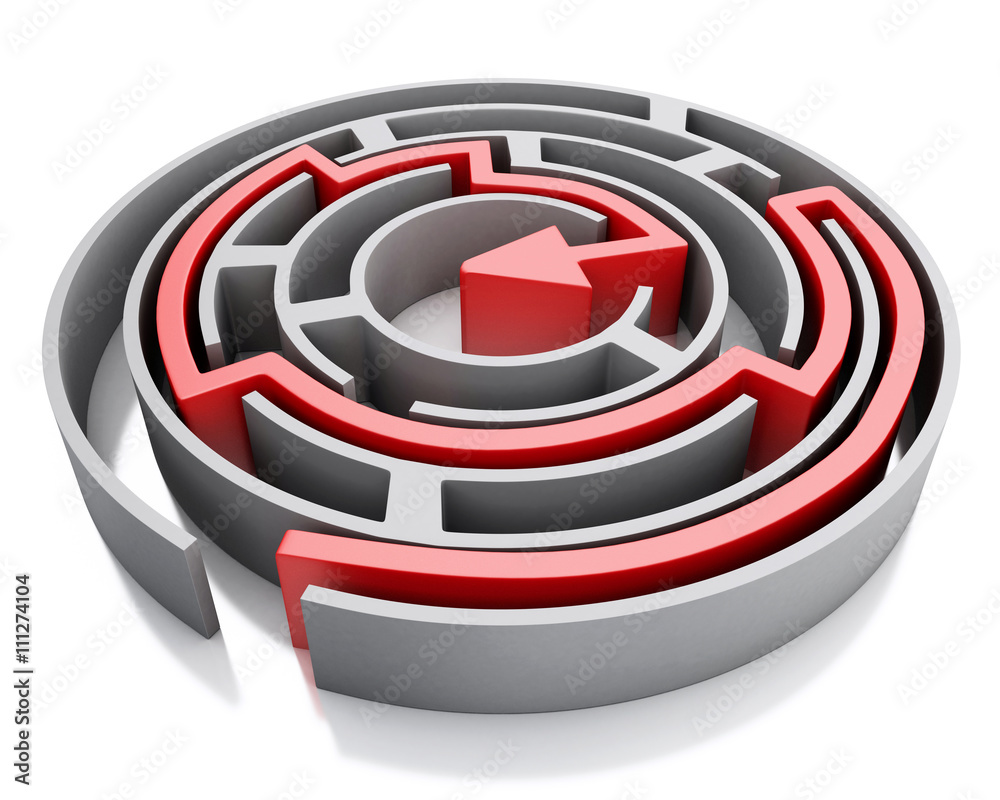 3d Maze with red arrow marking the route. 3d Maze with red arrow marking the route.