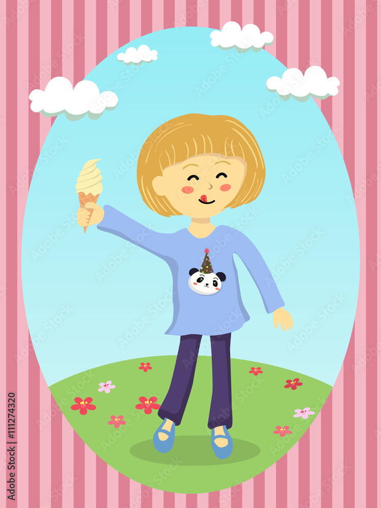 A cute little girl holding ice cream cone in sunny day in garden.