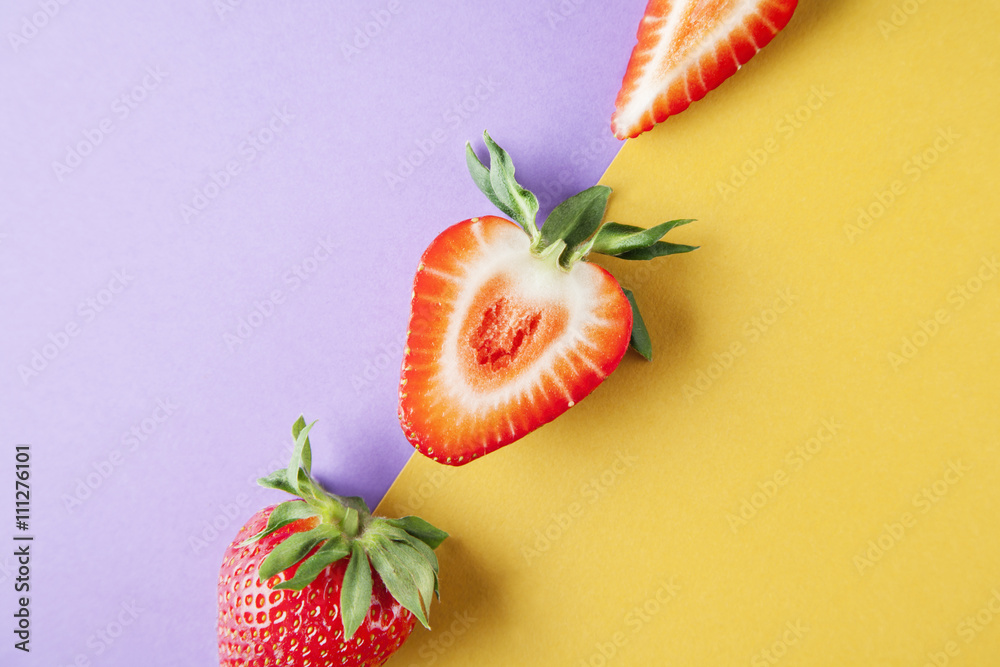 Strawberry close-up on yellow violet background, fruits summer - obrazy, fototapety, plakaty 