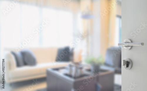 opened white door to modern living room interior