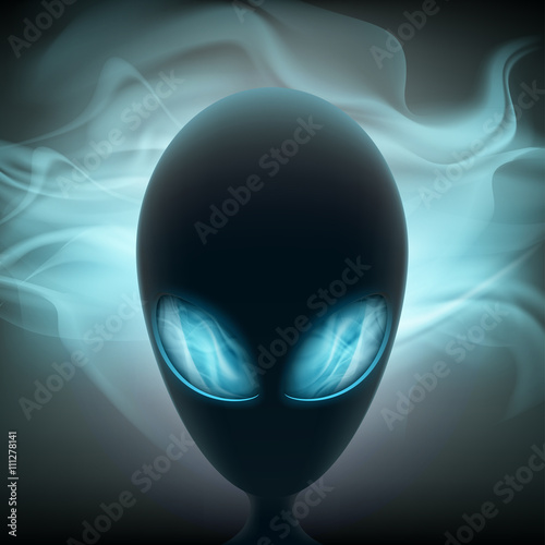 Alien head with glowing eyes on a dark background. Stock vector