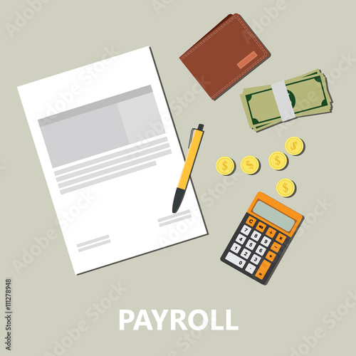 payroll with document paper pencil gold coin money wallet and calculator vector graphic illustration