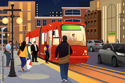 People Riding and Boarding a Street Car