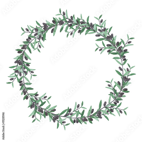 Watercolor olive wreath. Isolated illustration on white background