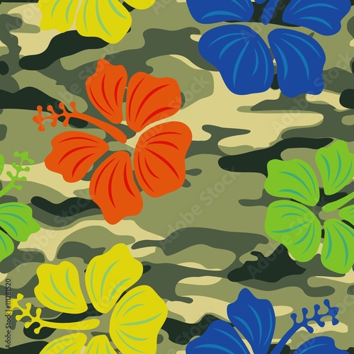 Hibiscus on the military background. Seamless pattern. Hawaiian vector design.