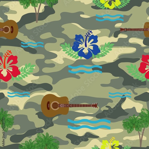 Waves, hibiscus, guitar and palm tree on the military background. Seamless pattern. Hawaiian vector design.