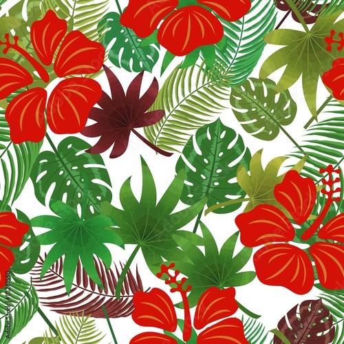 Hibiscus  tropical leaves. Seamless vector pattern. On a white background