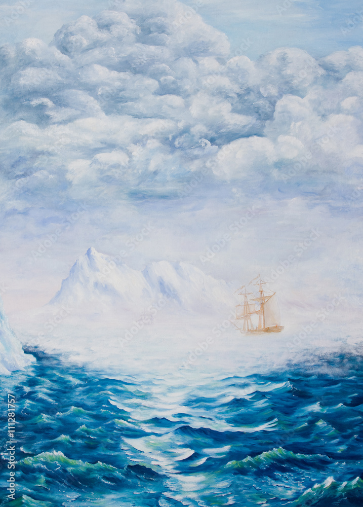 Obraz premium Oil painting on canvas.Sailboat among ice rocks
