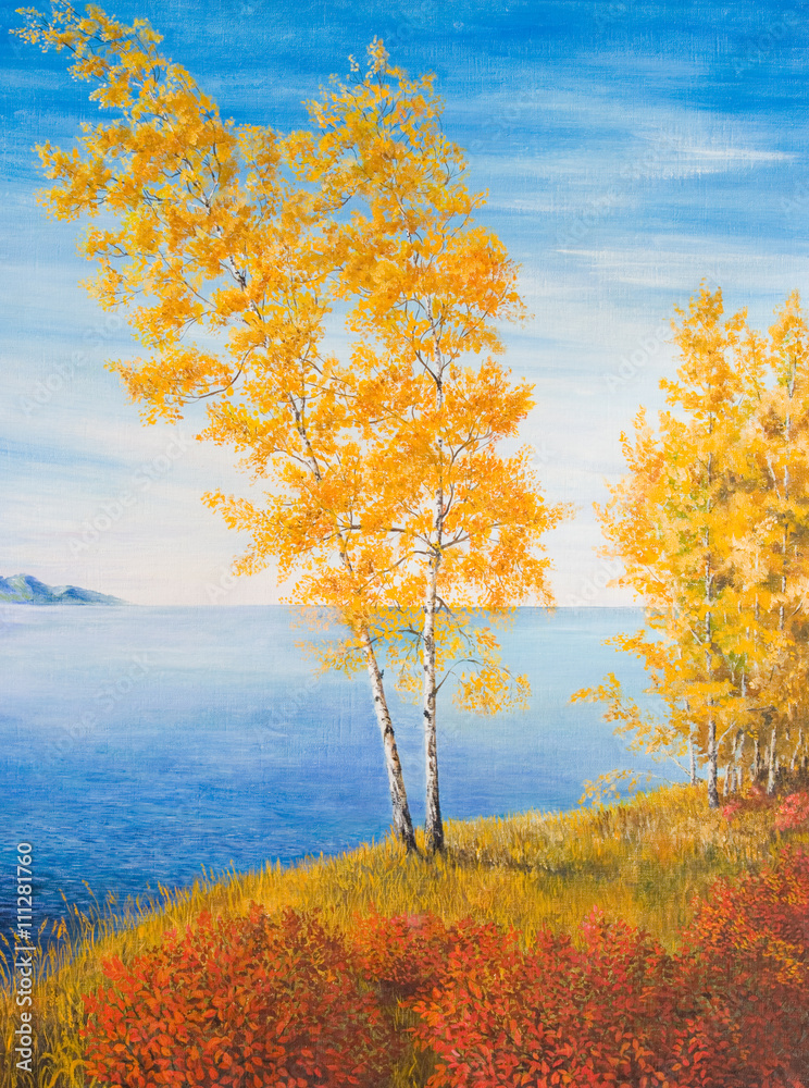 Yellow birch on the shore. Oil painting on canvas
