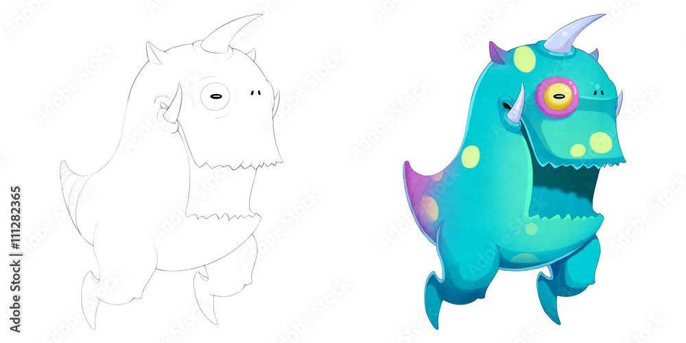 Coloring Book and Monster Creature Character Design Set 10: Unicorn Big Mouth Teeth Monster isolated on White Background.Realistic Fantastic Cartoon Style Character Design, Story, Card, Sticker Design
