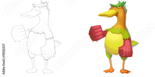 Valokuva Coloring Book and Monster Creature Character Design Set 6: Determined Peacock Duck isolated on White Background