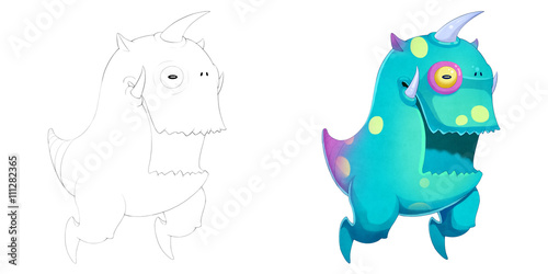 Coloring Book and Monster Creature Character Design Set 10: Unicorn Big Mouth Teeth Monster isolated on White Background.Realistic Fantastic Cartoon Style Character Design, Story, Card, Sticker Design