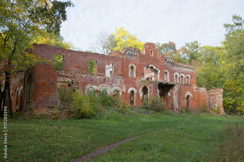 A view of the ruins of the main building of the estate Wrangel september day. Torosova, Leningrad region, Russia 