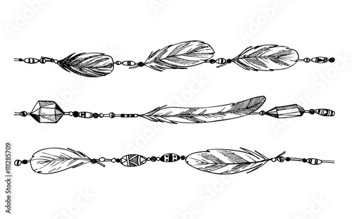 Hand drawn illustration - feathers and beads. Tribal design elem