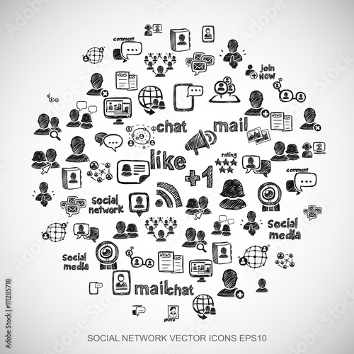 Black doodles Hand Drawn Social Network Icons set on White. EPS10 vector illustration.