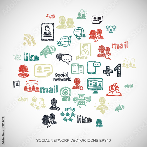 Multicolor doodles Hand Drawn Social Network Icons set on White. EPS10 vector illustration.