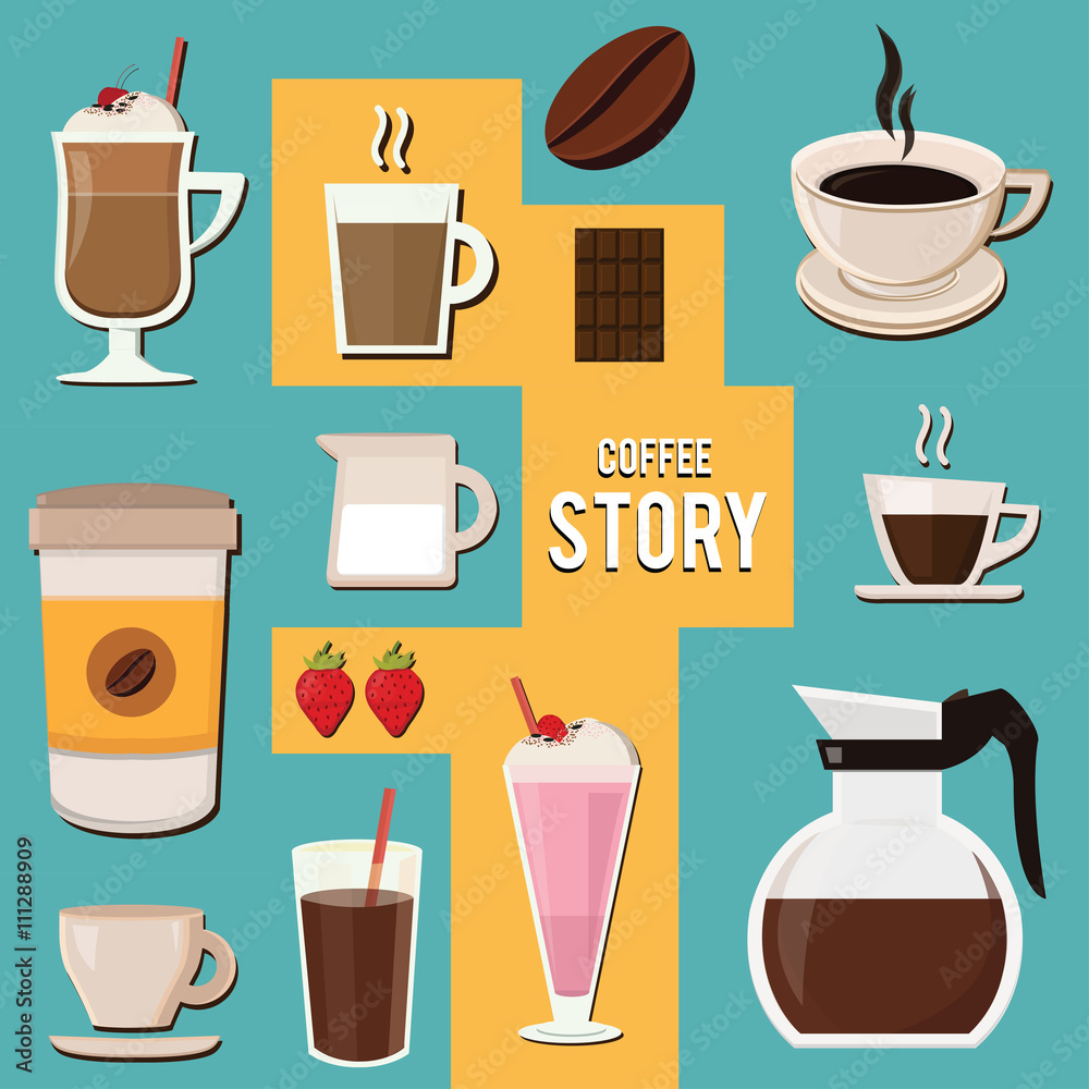 Coffee Set. Coffee Story. Milkshake. Strawberry Float