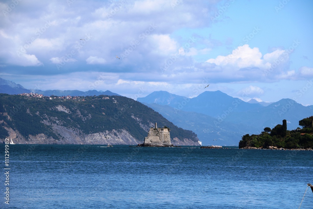 View to Torre Scola Porto Venere on Ligurian sea, Italy