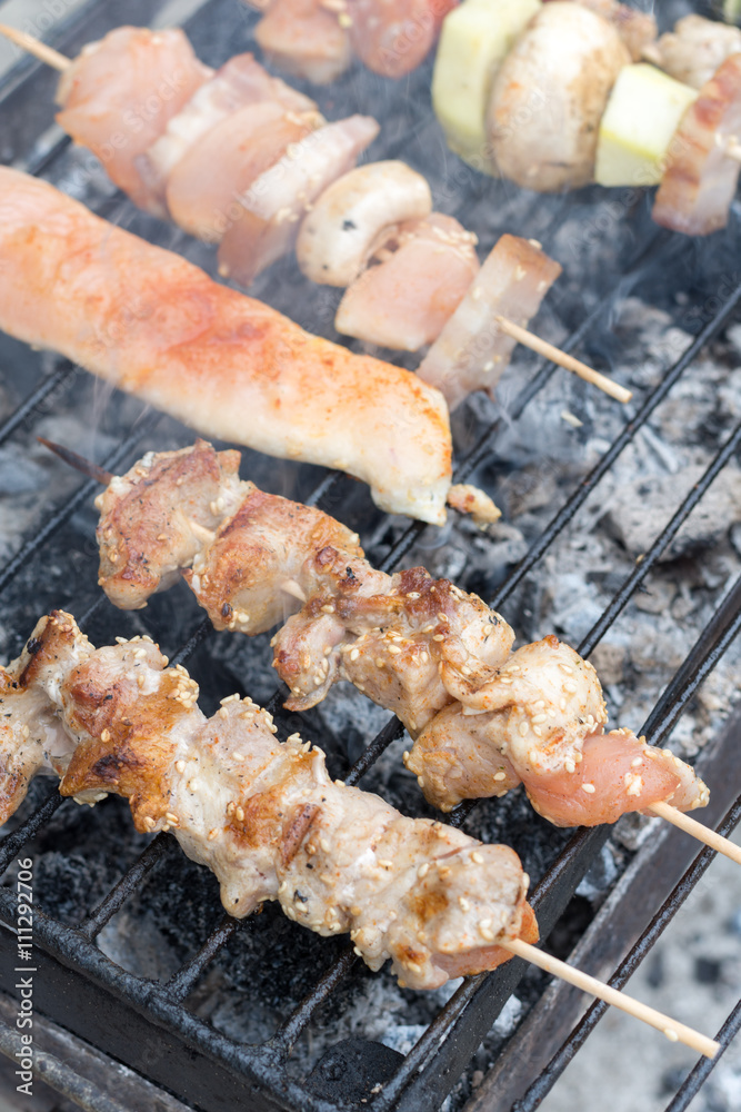 Chicken white meat kebabs on the grill