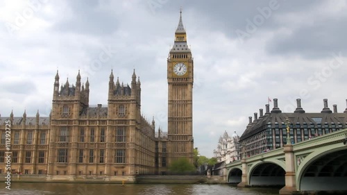 Dolly view of the House of Parliament and the Big Ben by Westminster bridge in London photo