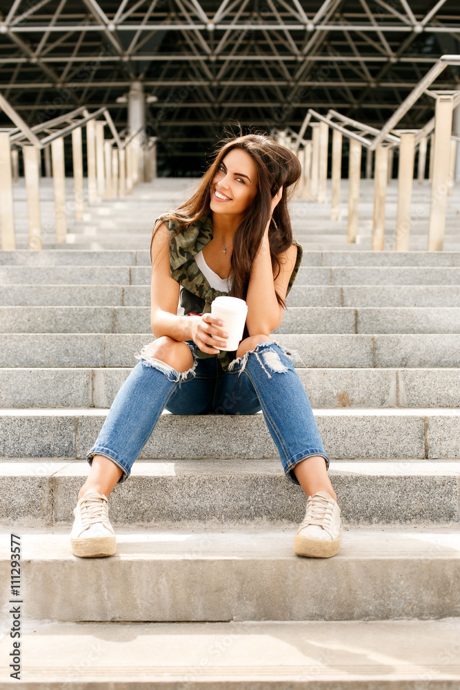 Happy girl with to go cup Happy girl with to go cup
