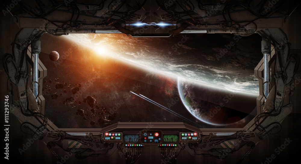 Obraz premium Window view of space and planets from a space station