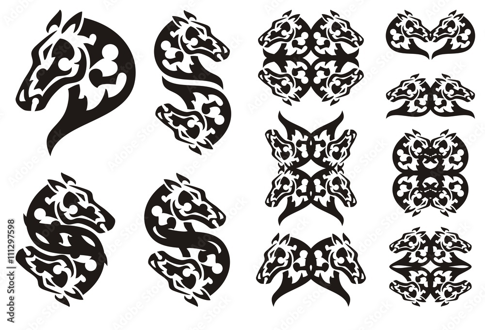 Tribal laconic horse head symbols.  Set of elegant double horse symbols. Black and white