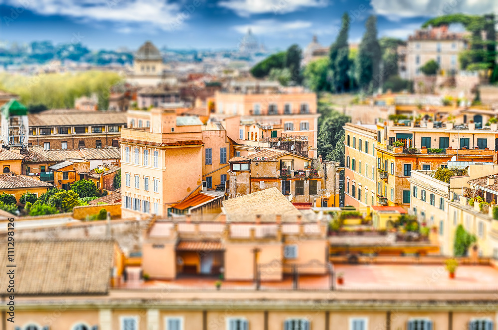 Aerial view of Rome city centre. Tilt-shift effect applied