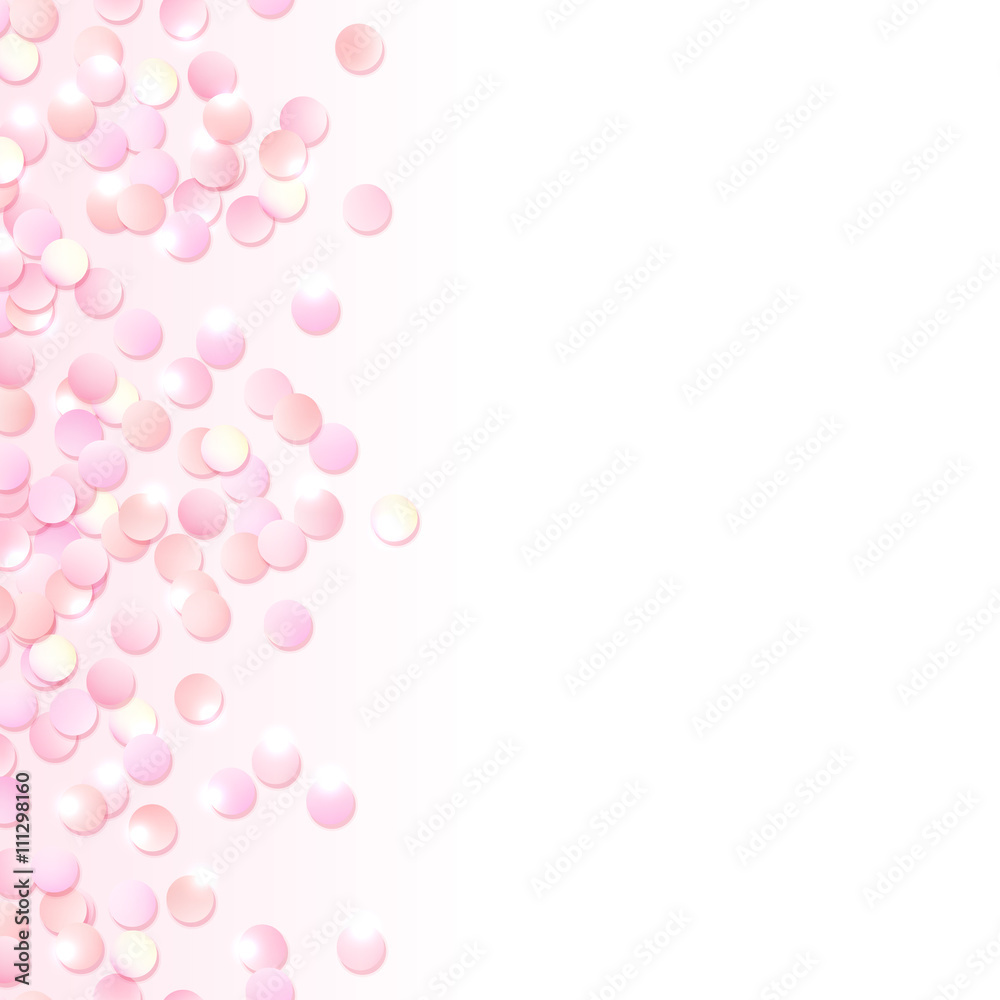 Seamless border of pink realistic confetti, design template for gift, certificate, voucher, AD brochure and so. Colorful vector illustration isolated on white.