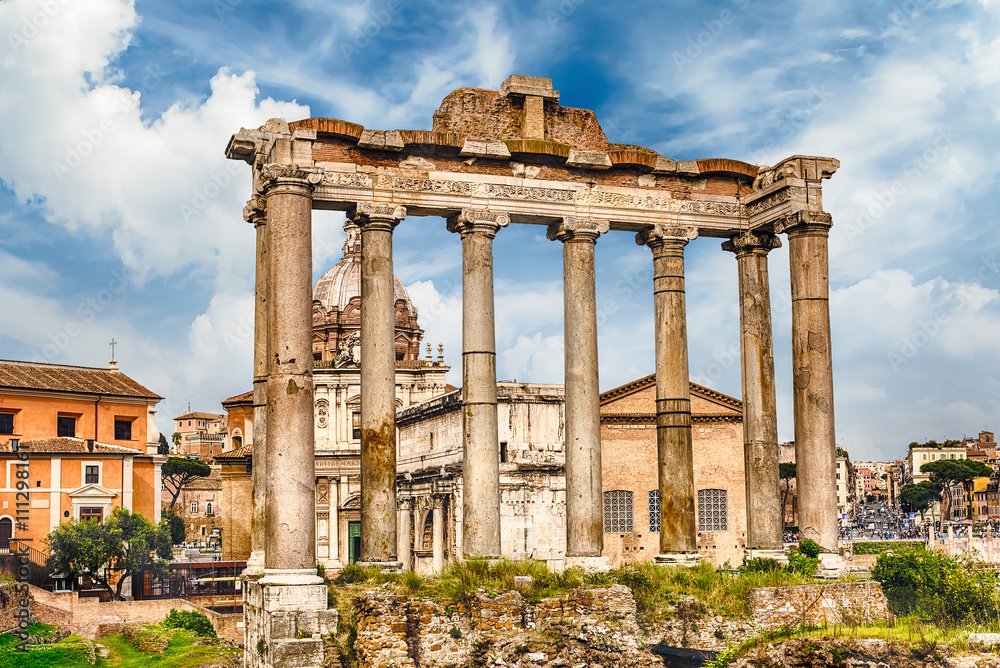 Temple of Saturn ruins in Roman Forum, Rome, Italy