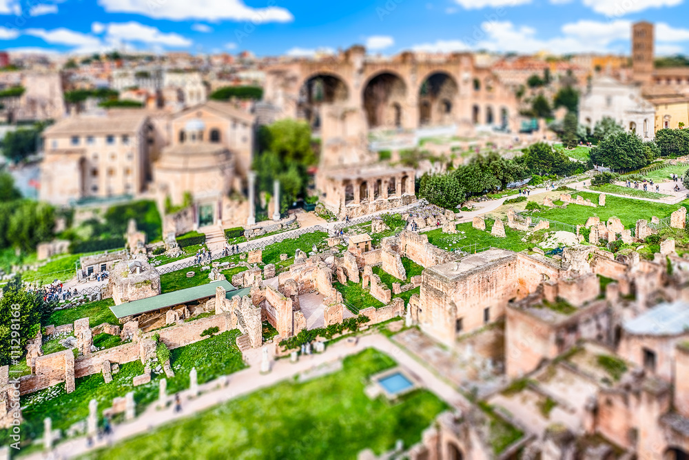 Scenic view over the Roman Forum, Italy. Tilt-shift effect applied