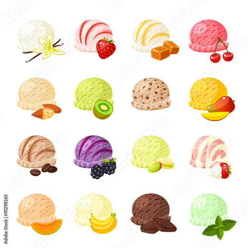 Set of cartoon food: ice cream with different flavours - vanilla, strawberry, caramel, cherry, banana, kiwi, mango, coffee, blackberry, chocolate and so. Vector illustration, isolated on white.